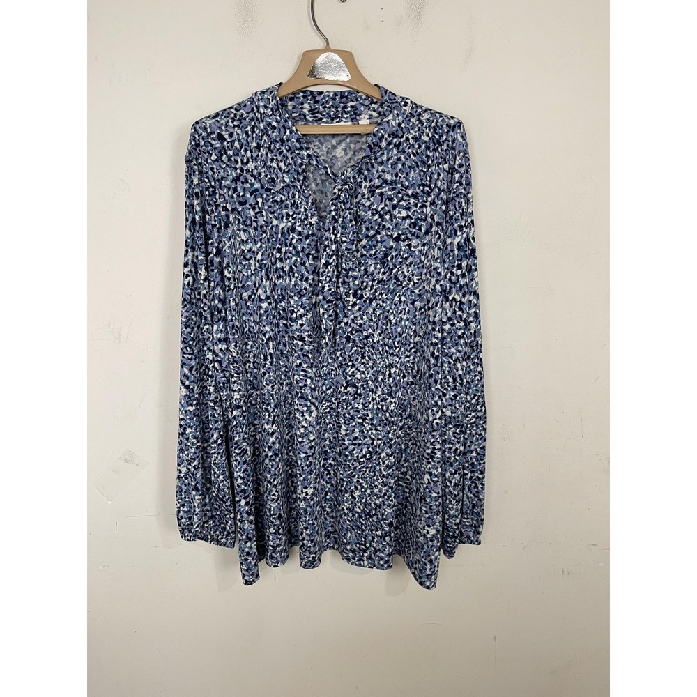 Susan Graver Blouse Womens 4XL Blue Career Office Tie Neck Fall Stretch Abstract